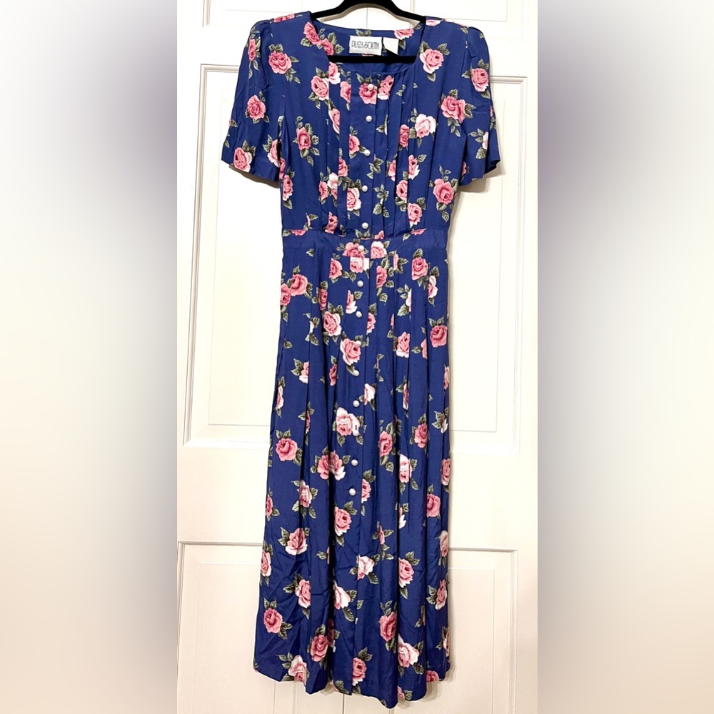 Vintage Plaza South Pleated Pearl Button Floral Dress Cottagecore Blue Pink Sz 6